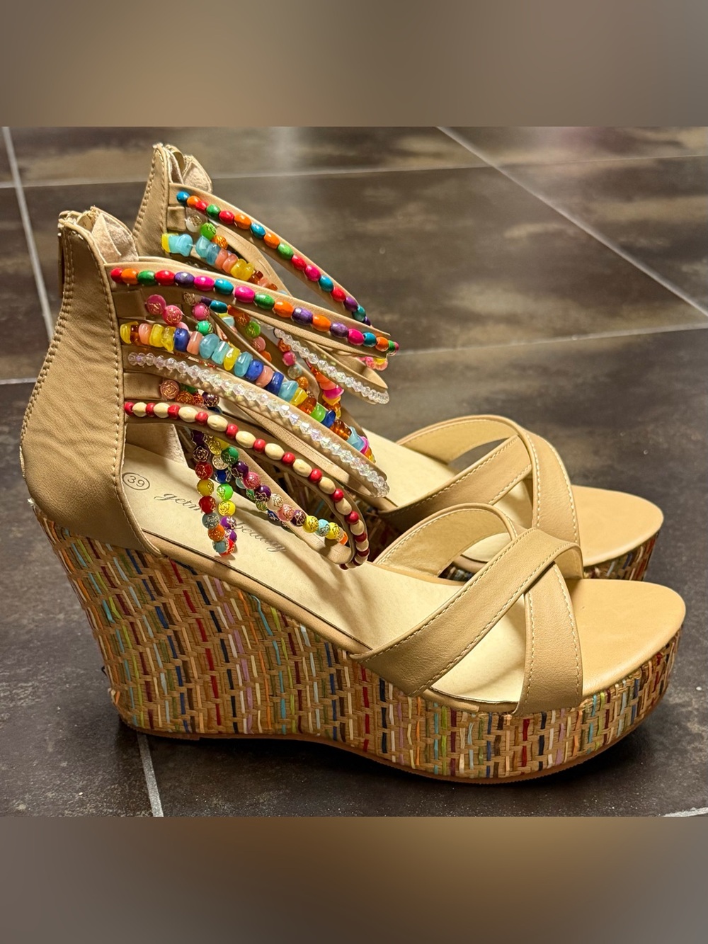 Beaded Tan Wedge Sandals with Colorful Embellished Straps